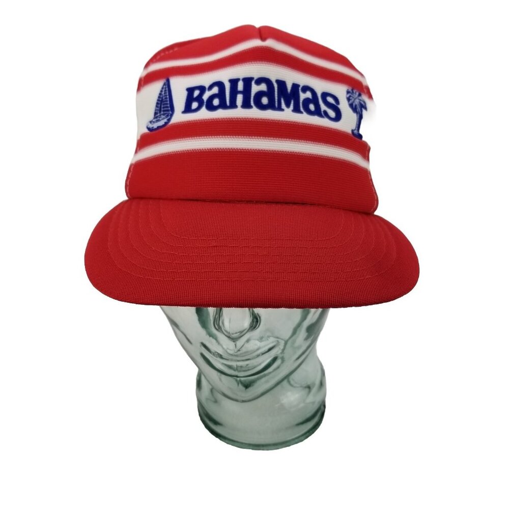 ✅VTG Bahamas Red White Striped Foam Back Mesh Trucker Hat Snapback Baseball Cap